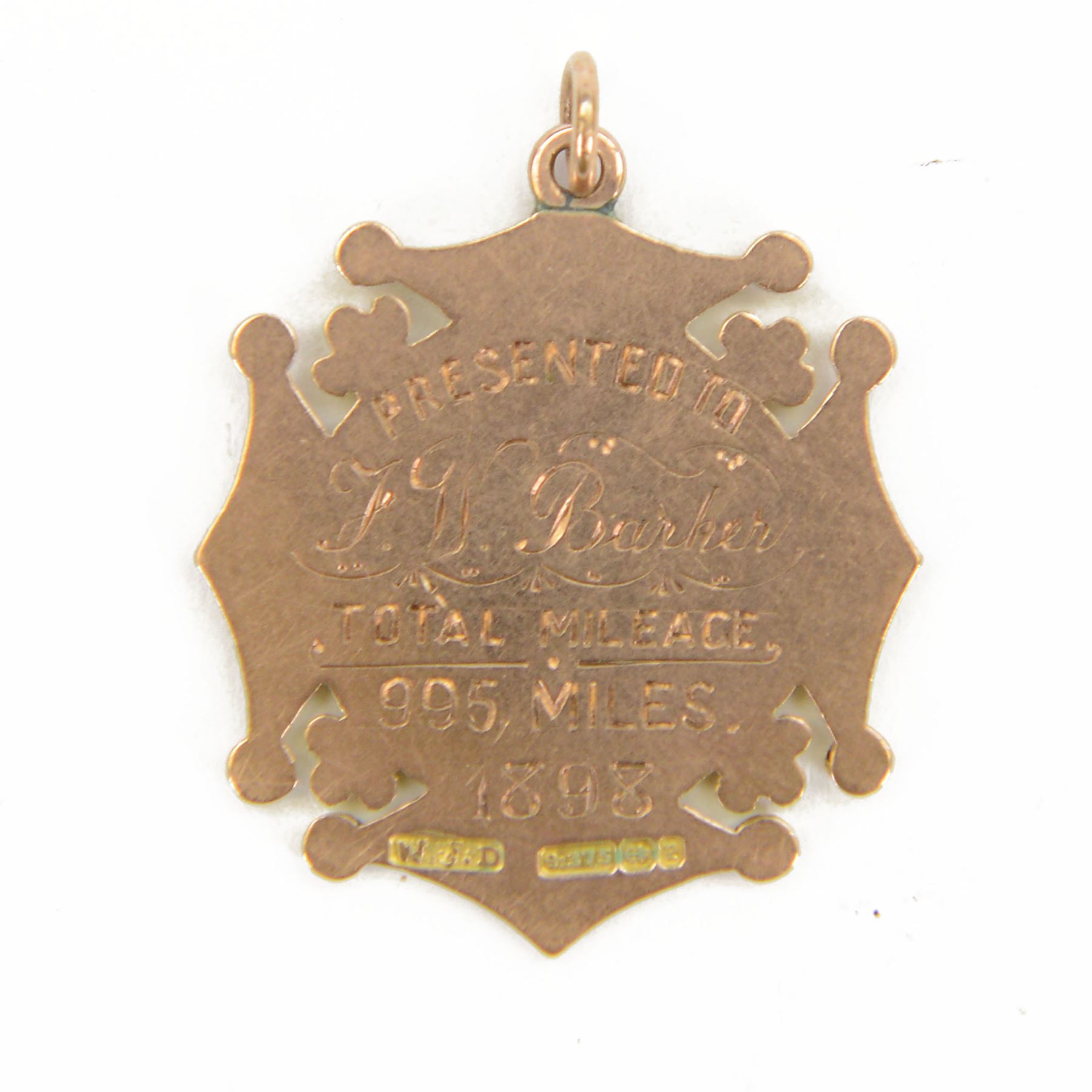 Late Victorian 9ct gold enamelled Hull Bicycle Club medallion, with presentation engraving verso, hallmarked William James Dingley, Birmingham 1898, H3.3cm