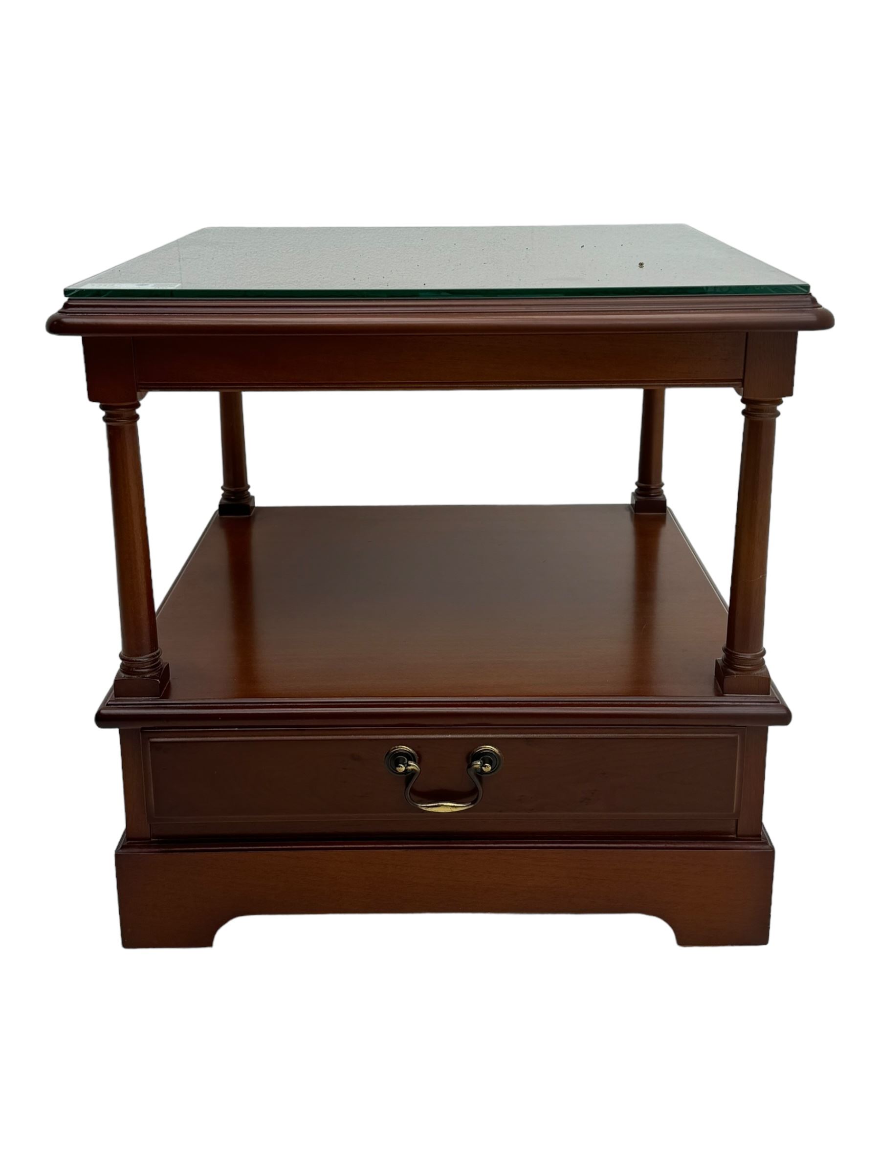 Cherrywood lamp table, square moulded top over undertier and single drawer 