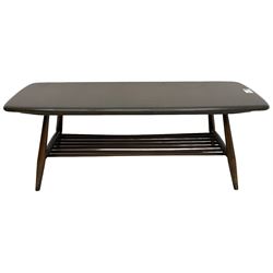 Ercol - dark elm coffee table, rectangular top on splayed supported united by undertier 