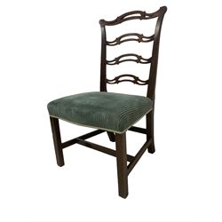 Set of twelve (10+2) Chippendale revival stained beech dining chairs, pierced waived ladder backs with over-stuffed over seats, on square moulded supports joined by stretchers