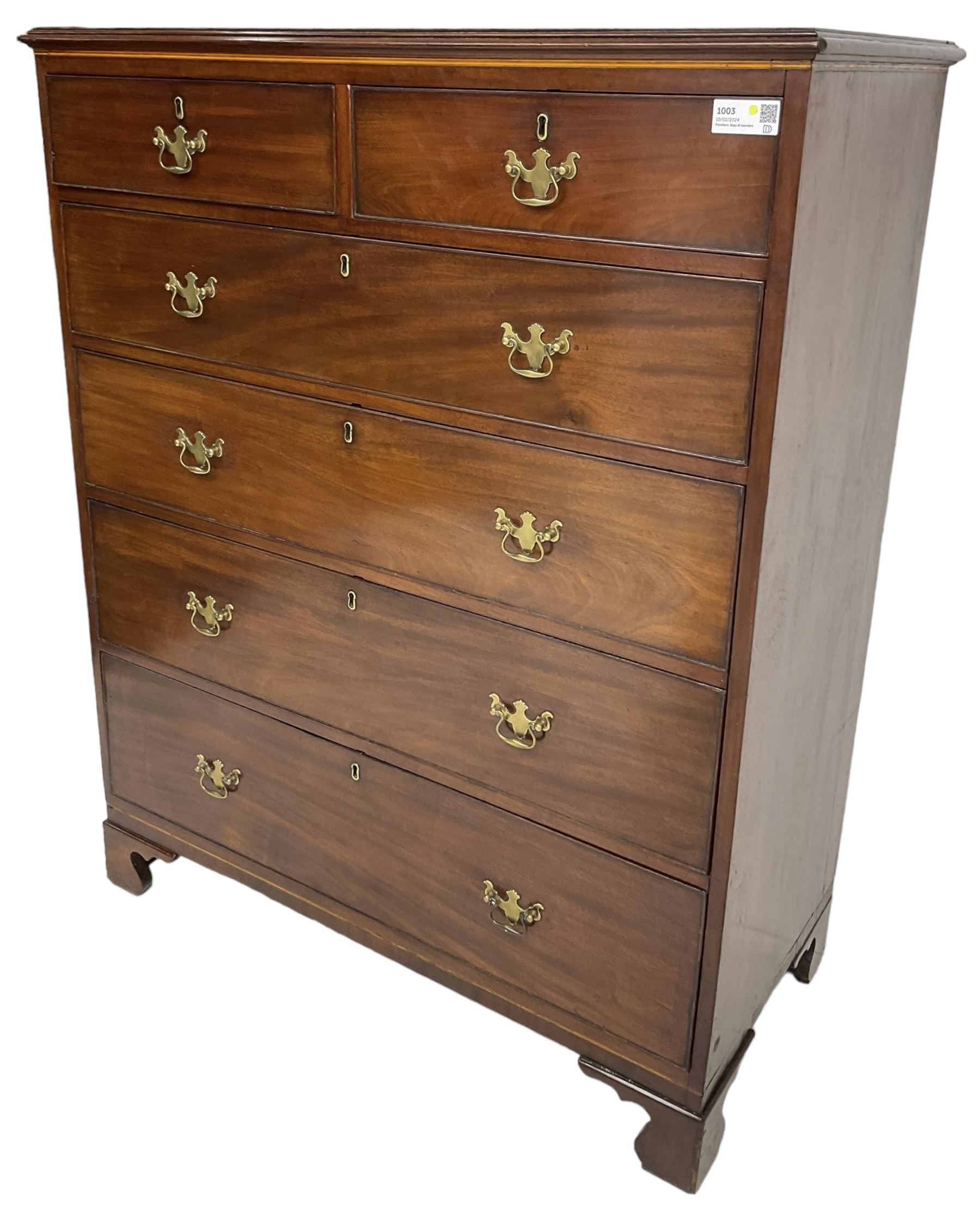 George III mahogany straight-front chest, rectangular top with reed moulded edge, fitted with two short over four long graduating cock-beaded drawers, on bracket feet