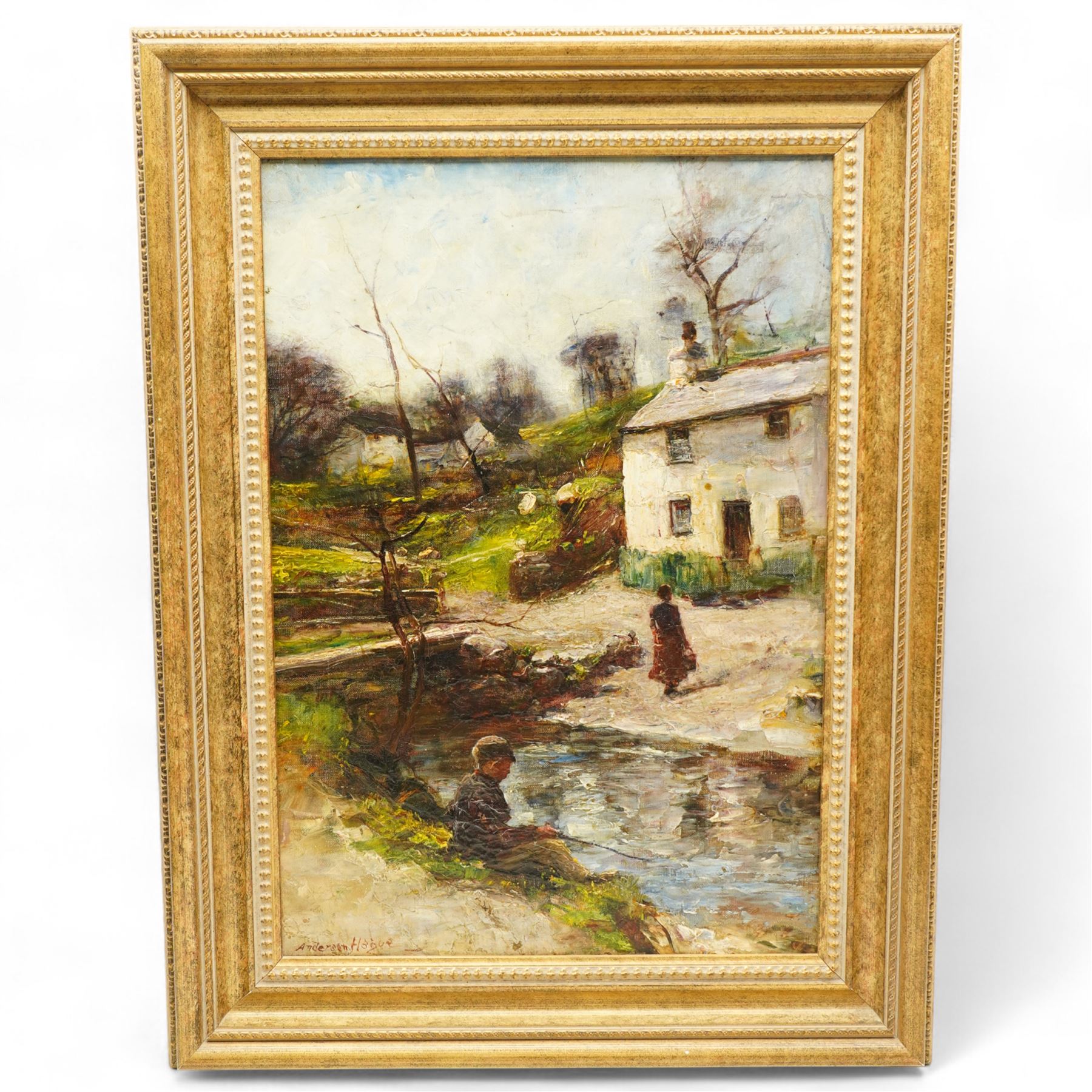 Joshua Anderson Hague (British 1850-1916): Boy Fishing in the Stream, oil on canvas signed 49cm x 34cm