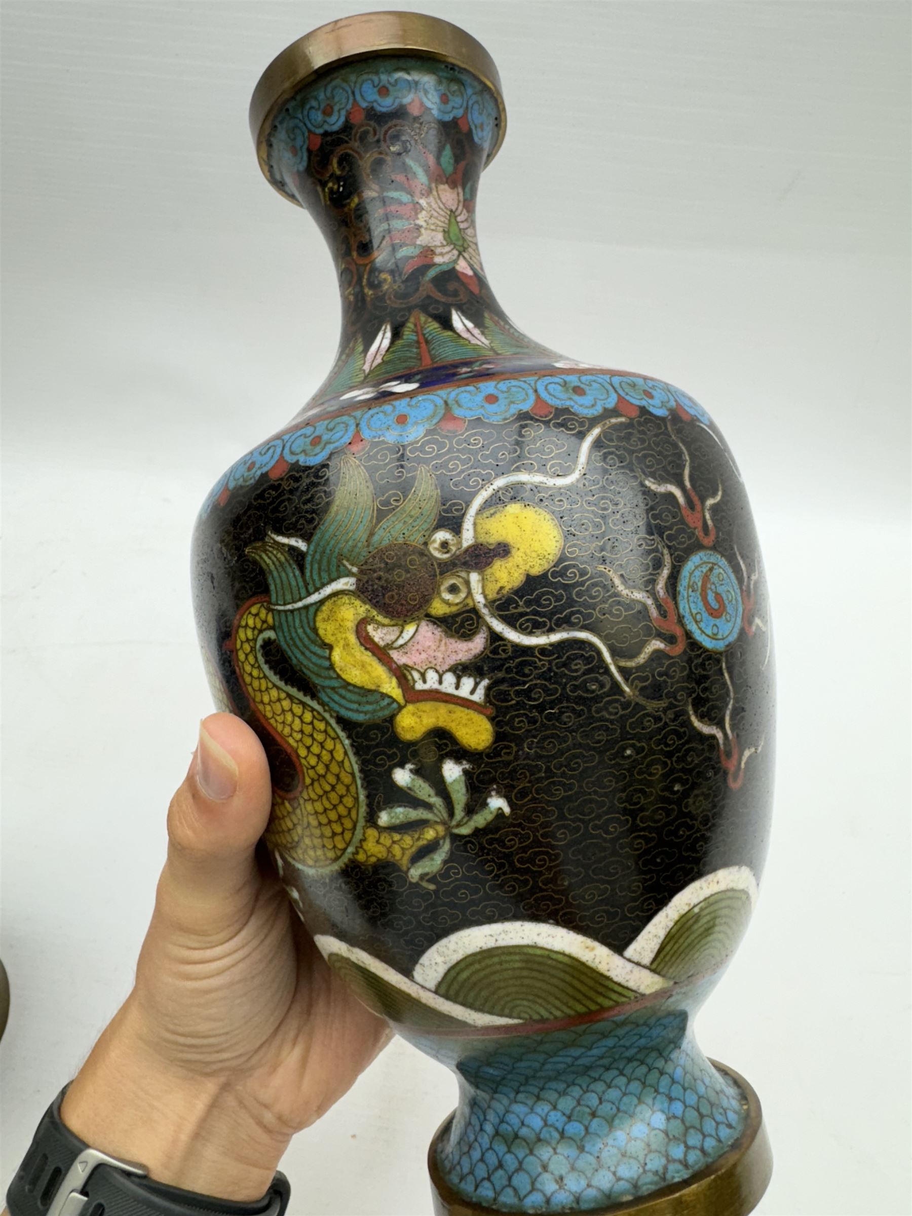 Pair of Japanese cloisonné vases of baluster form, decorated with dragons chasing a flaming pearl, H26cm 