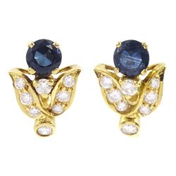 Pair of 18ct gold round cut sapphire and round brilliant cut diamond floral design earrings, stamped 750