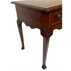 18th century and later inlaid mahogany and fruitwood low-boy, the moulded rectangular top with satinwood band, shaped frieze fitted with single drawer, on cabriole supports with angular feet