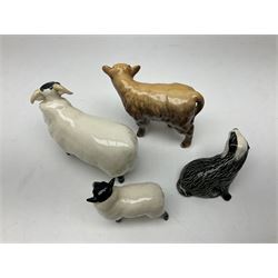 Ten Beswick figures, to include large fox no. 1016, standing fox no. 1440, badger cub no. 3392 and highland calf 1827D, two sheep, three birds, etc, all with printed marks beneath, largest H13cm