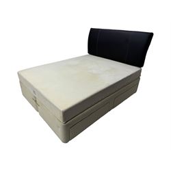 Contemporary king size 5' Tempur divan bed, black leather upholstered headboard, beige fabric divan base with four drawers; Tempur 'Combi HD' mattress with removable cover (200 x 150 x 20cm)