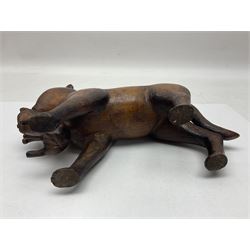 Folk Art wooden carving depicting a cat carrying a kitten, H16cm
