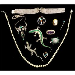 Early 20th century and later silver jewellery including paste turtle brooch, similar lizard brooch, Art Deco milgrain set paste openwork necklace, enamel bird pendant, marcasite studded cuff bracelet, 15ct gold cameo brooch/pendant, 9ct gold turquoise heart pendant and turquoise stick pin and a pearl necklace