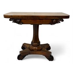 Early Victorian rosewood card table, rectangular foldover swivel top with rounded corners,...