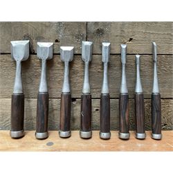 Set of eight Japanese handmade carpenters chisels with rosewood handles, stamped blades - THIS LOT IS TO BE COLLECTED BY APPOINTMENT FROM DUGGLEBY STORAGE, GREAT HILL, EASTFIELD, SCARBOROUGH, YO11 3TX