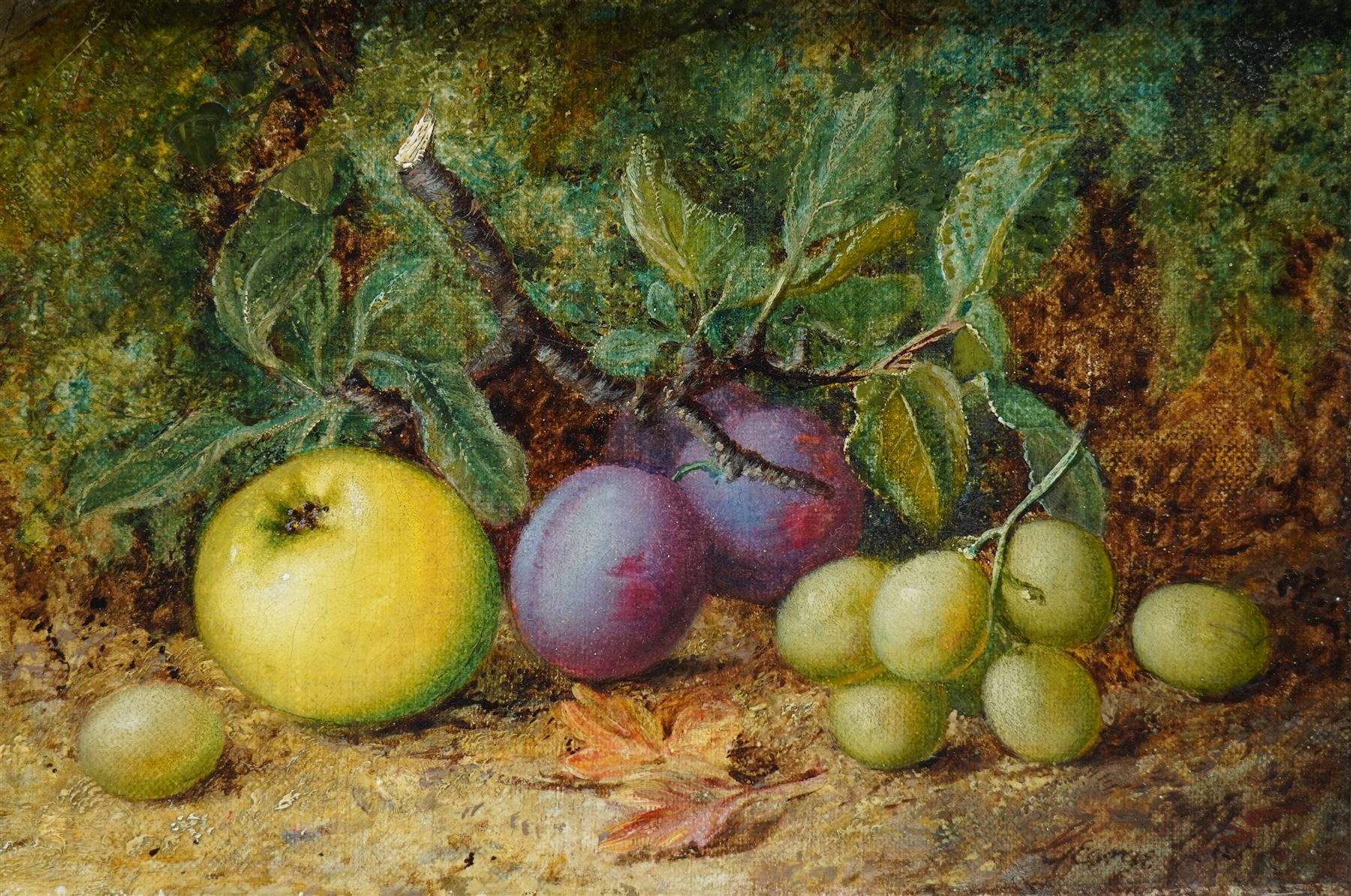 George Clare (British 1835-1890): 'Still Life' of Fruit on a Mossy Bank, oil on canvas signed, titled on Sutcliffe Galleries label verso 15cm x 22cm