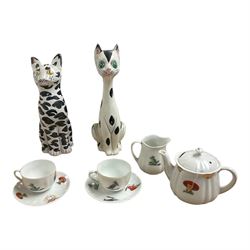 Tea set for two together with cat jug and figure