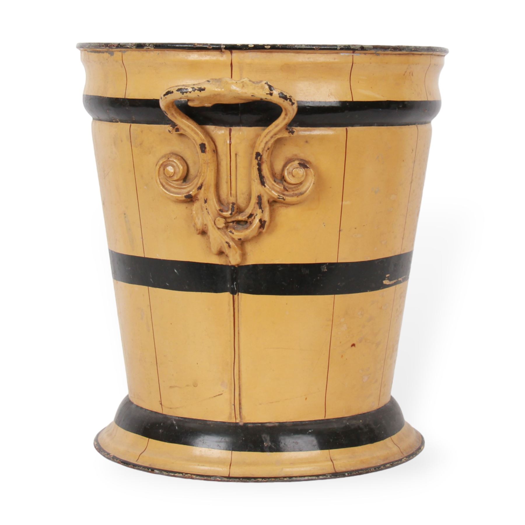 Victorian tolewear bucket, of tapering cylindrical form with twin foliate mounted handles and short flared foot, the body painted with black horizontal bands against a yellow ground, with impressed marked beneath H.L&Co, possibly for Hamilton Laidlaw & Company, H29.5cm D27.5cm