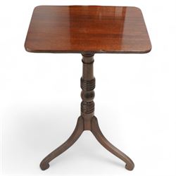 Regency mahogany occasional table, rectangular top with reeded edge, over a turned pedestal with spayed supports and scrolled feet (W41cm D29cm H73cm); Georgian mahogany tilt-top occasional table, octagonal top with inlaid edge on a turned pedestal with arched tripod base (W53cm H75cm) (2)