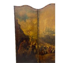 19th century four panel folding room screen, each leather panel painted with scenes from 'The Embarkation for Cythera' after Jean-Antoine Watteau (French 1684-1721), depicting a fête galante celebration with amorous couples and Cupids, with them a gilt statue of Venus, set within a classical capriccio landscape on the Greek island of Cythera, inscribed and titled verso with a verse from 'Ode on a Grecian Urn' by John Keats