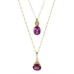 Gold garnet and diamond pendant necklace and one other garnet and cubic zirconia pendant necklace, both 9ct