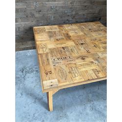 Square centre dining centre table, parquetry wine crate top with oak edging, on beech legs