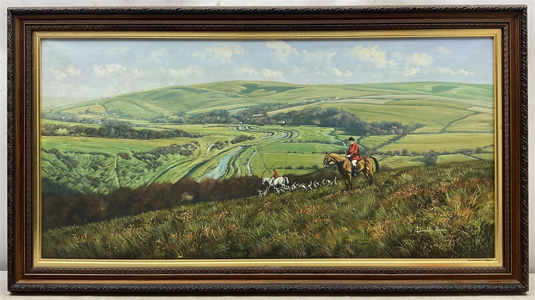 Donald Ayres (British 1936-): Huntsman and Hounds at 'Cuckmere River - Sussex', oil on canvas signed, titled verso 49cm x 99cm
Provenance: private collection, purchased Dee, Atkinson & Harrison 8th July 2005