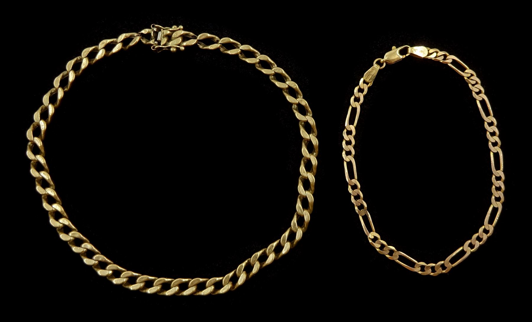 Gold Figaro link bracelet and a gold curb link bracelet, both 9ct