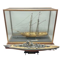 Cased scale built wooden model schooner 