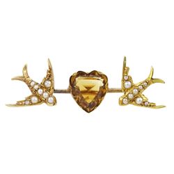 Victorian gold heart cut citrine and seed pearl swallow brooch