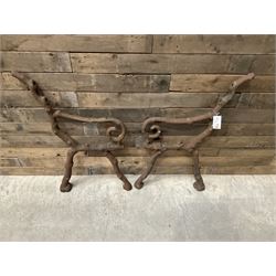 Pair of faux bois cast metal bench ends; together with wooden slatted bench with metal ends