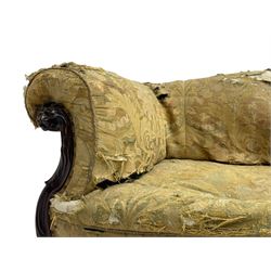 19th century mahogany settee, rolled S-scrolled arms carved with lion masks and acanthus leaf scrolls, the lower moulded rail carved with scrolling design, raised on carved paw feet with recessed brass and ceramic castors 