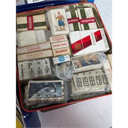 Large quantity of cigarette/tea cards, some loose and in albums, including Carreras, Bond, etc, contained within six tins, together with a Cricket How to Play book