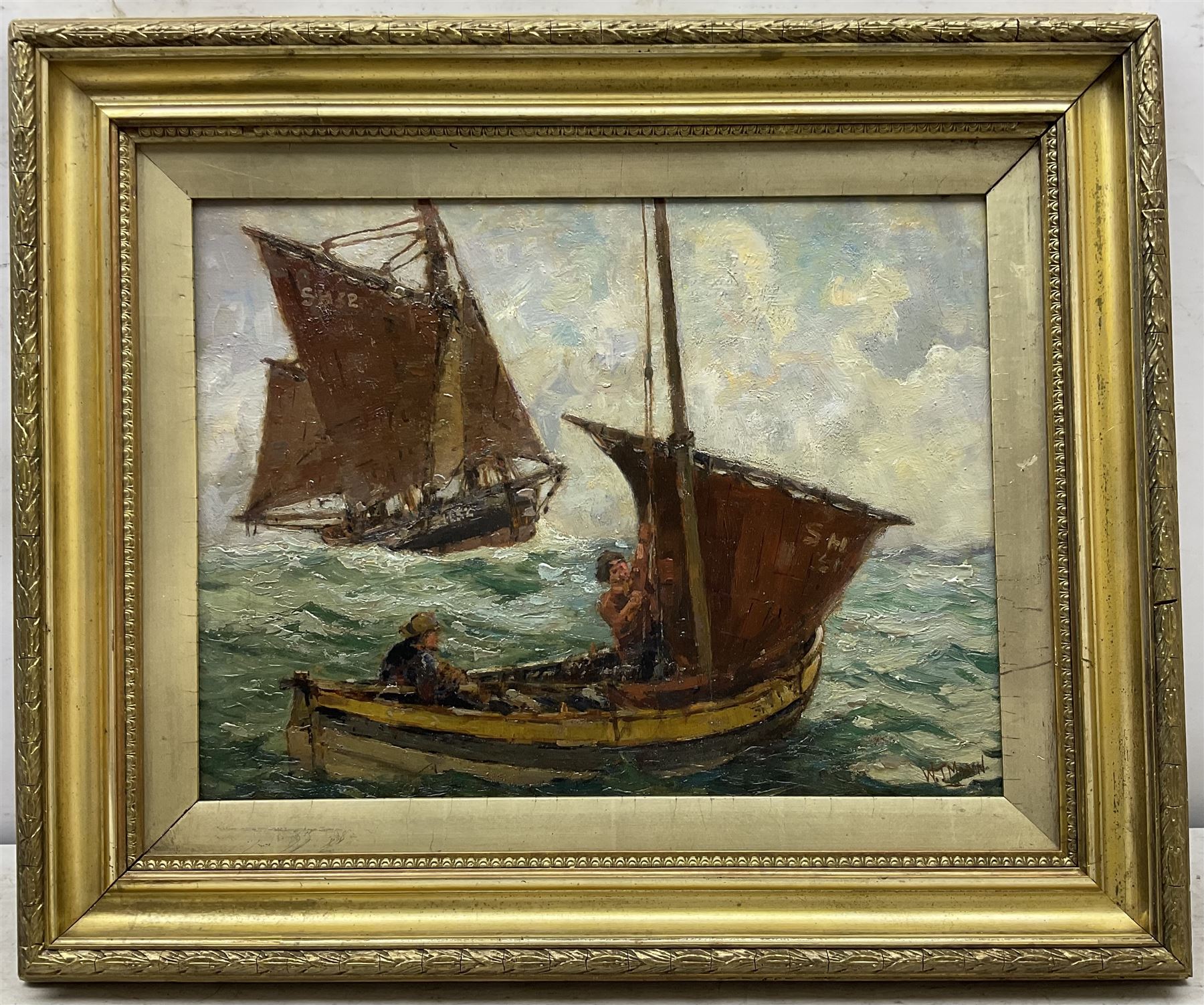 William J Mann (Scarborough early 20th century): 'A Fair Breeze' - Scarborough Yawl and Coble at Sea, oil on panel signed, titled and inscribed 'Newby' verso 33cm x 44cm 
Notes: Mann was a member of the Fylingdales Group of Artists and lived in Newby, Scarborough.