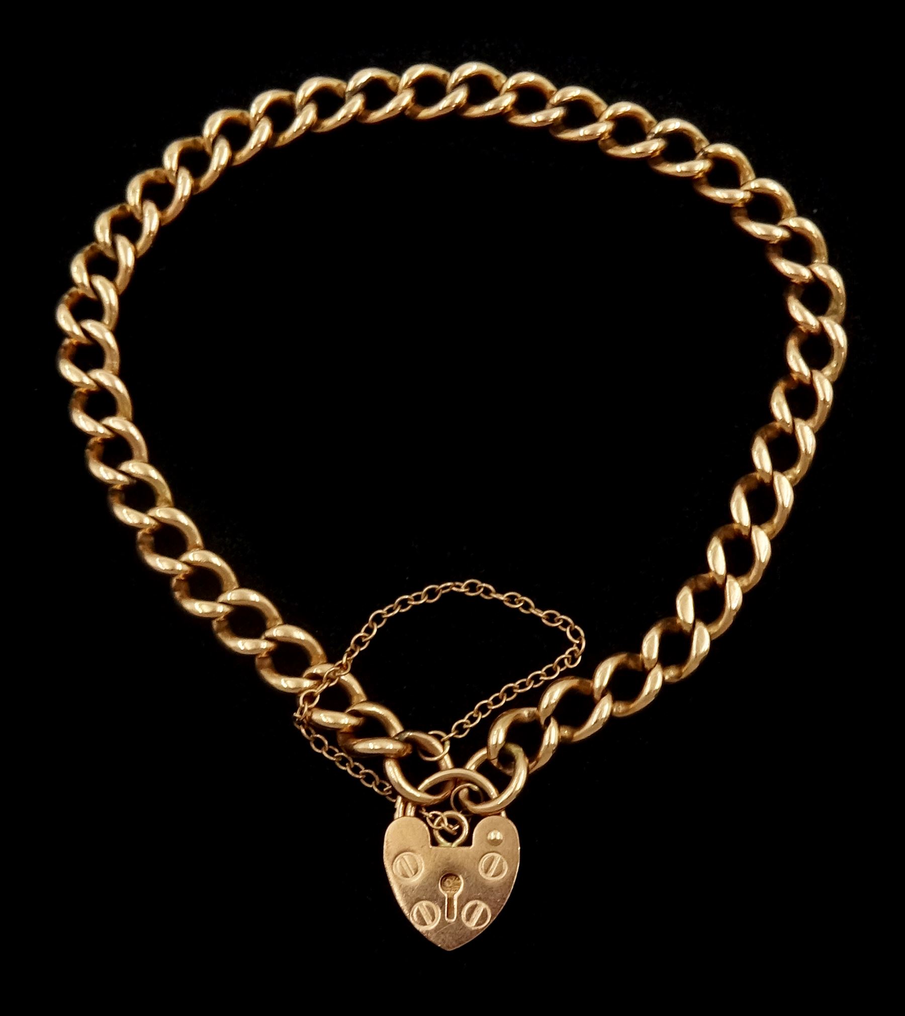 9ct rose gold curb link chain bracelet, with heart locket clasp