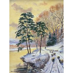 Kevin Walsh (British 1950-): Herding Sheep in the Snow, oil on canvas board signed 39cm x 29cm