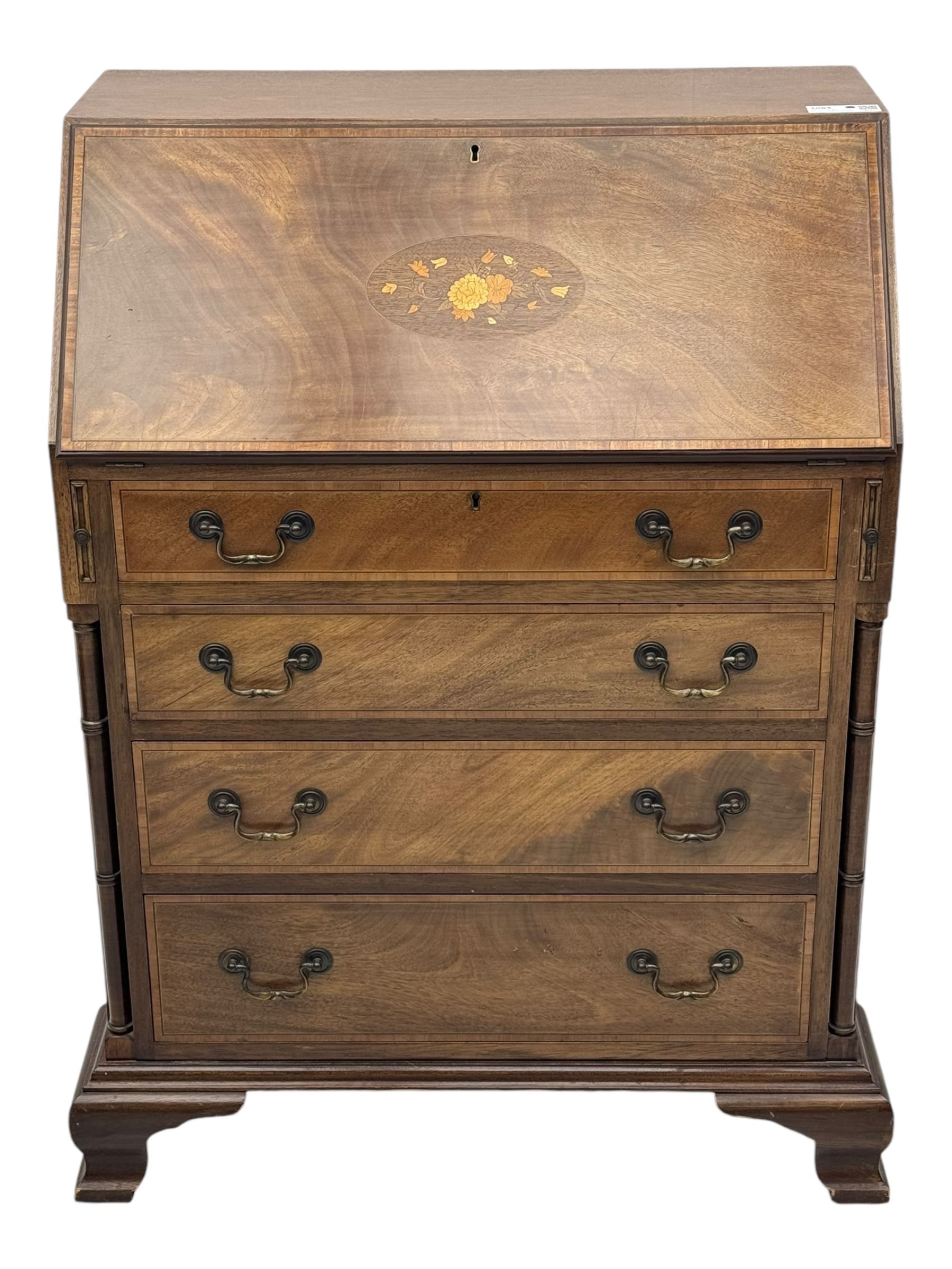 Georgian design mahogany bureau, moulded fall front with central floral inlays and satinwood band, fitted with four graduating drawers enclosed by ring turned pillars, on ogee bracket feet 