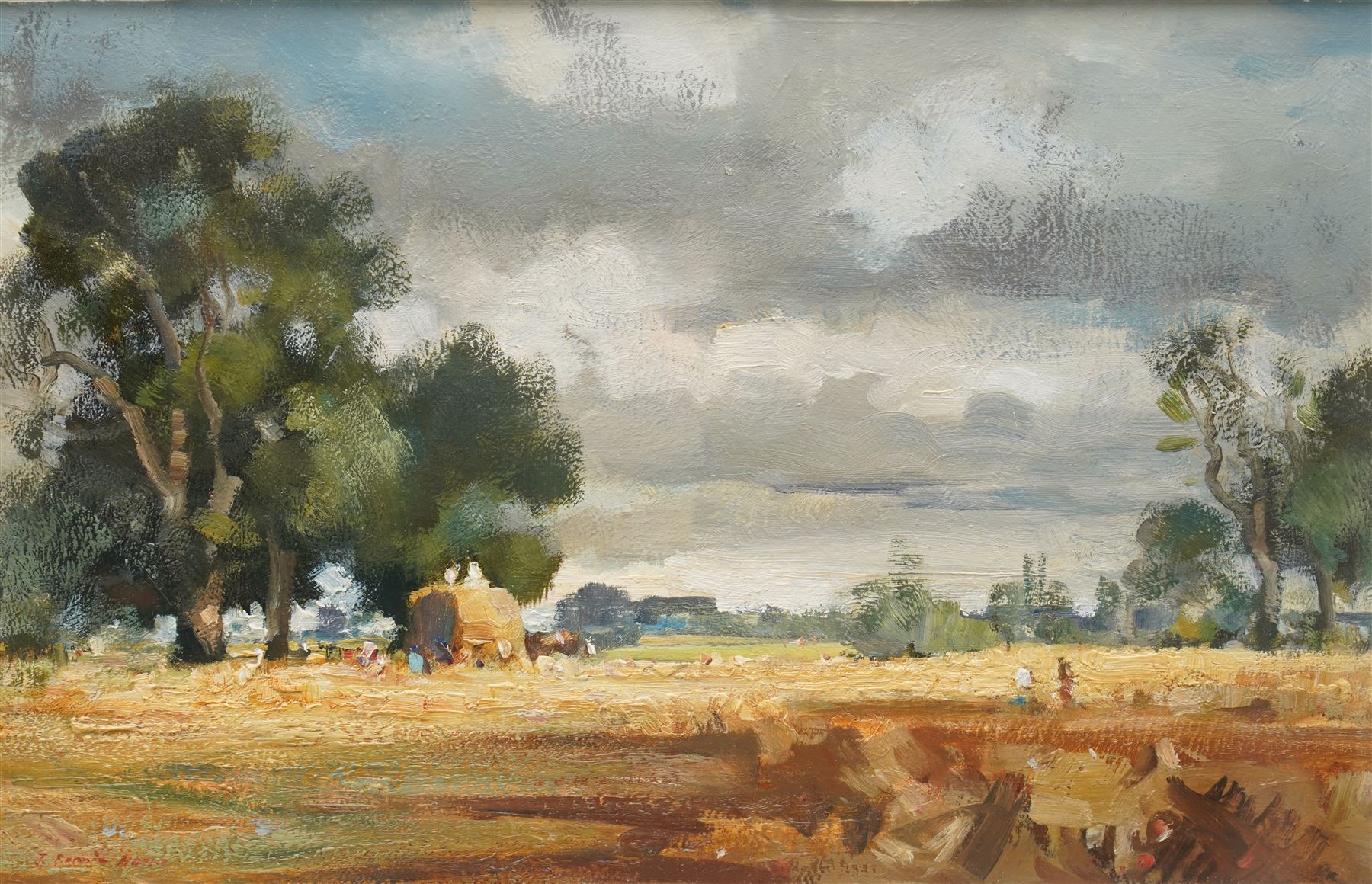 John Barrie Haste (British 1931-2011): 'Harvesters', oil on board signed, titled verso 28cm x 44cm 