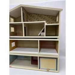 Swedish Lundby four-storey dolls house and garage, with an assortment of dolls house furniture and accessories, dolls house H84cm