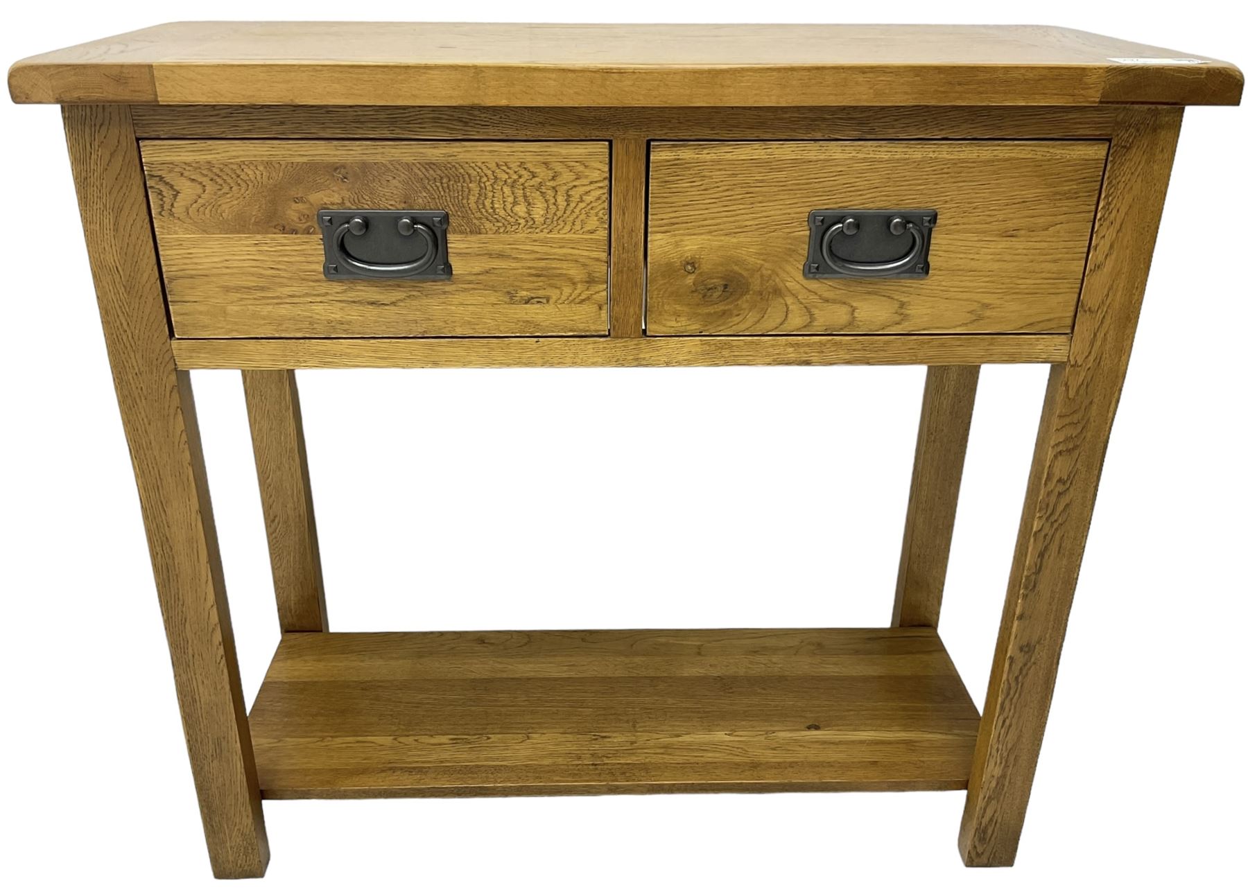 Light oak console table, rectangular top over two drawers, on rectangular supports united by under-tier