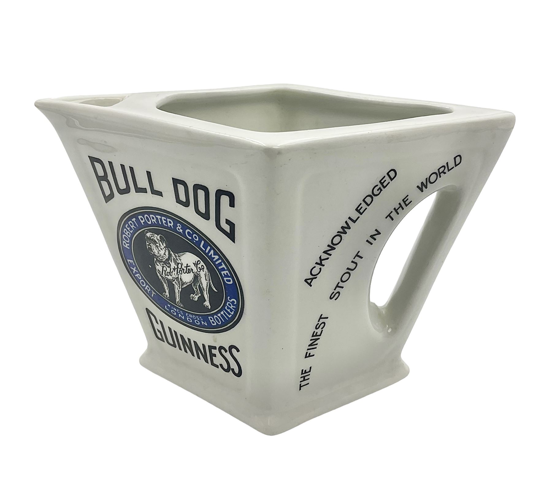 Royal Doulton Guinness advertising whiskey water jug, circa 1930s by Robert Porter and Co. of lozenge angled form, decorated with the  bulldog Guinness, H11cm