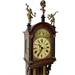 20th century weight driven Dutch WUBA wall clock -  with a break arch top and mounted gilt figures to the arch, painted dial with working moon disc, chapter ring with Roman numerals and pierced steel hands, twin train chain driven movement striking the hours on a bell. With pendulum and brass cased weights.