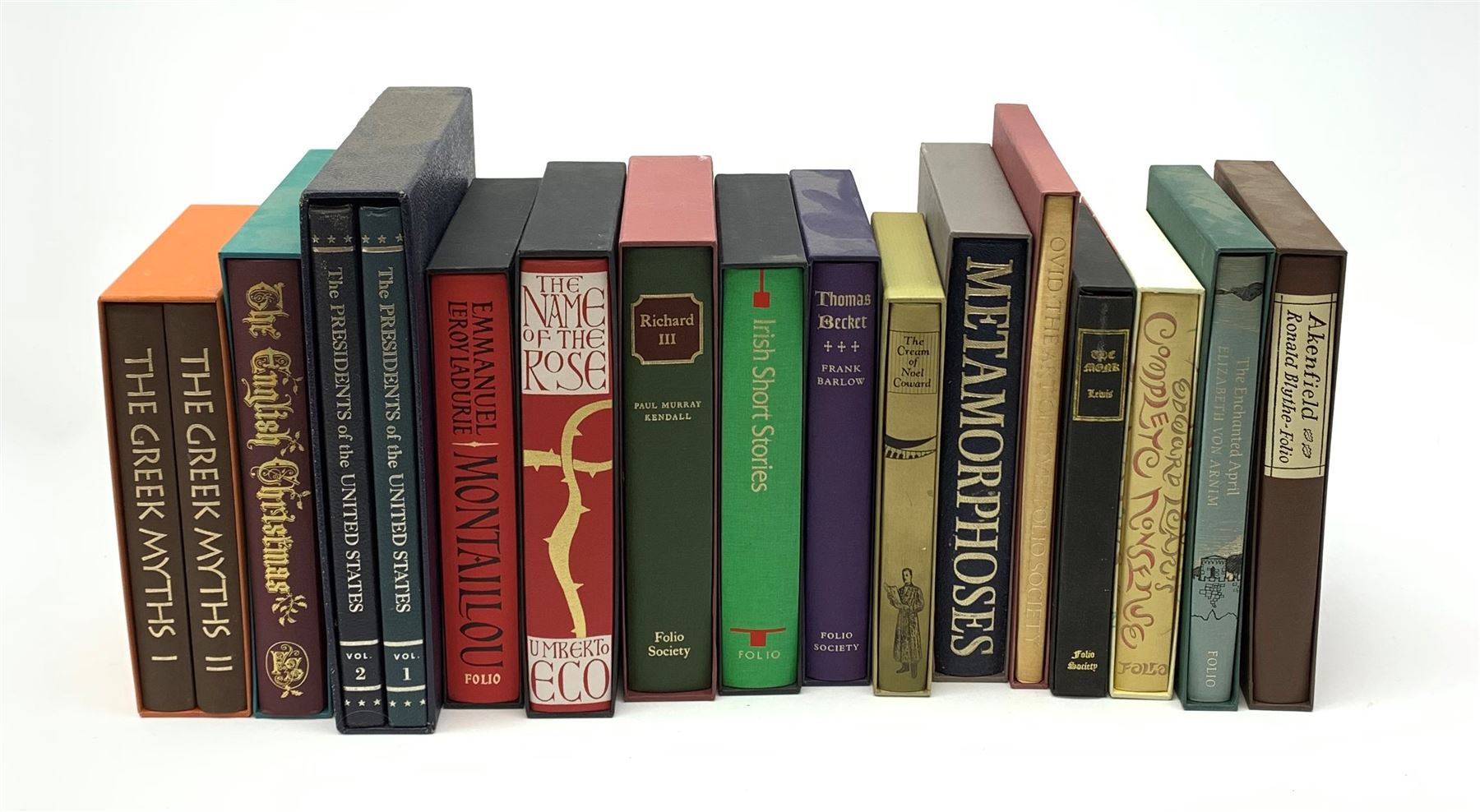 Folio Society - fifteen slipcases including Greek Myths, English Christmas, Metamorphoses, Akenfield, Enchanted April, Complete Nonsense, Montaillou, Thomas Becket etc