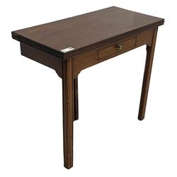 19th century mahogany tea table, fold-over rectangular top over single drawer, double gate-leg action base, on square moulded and chamfered supports 