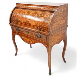 19th century Dutch marquetry cylinder bureau or desk, the cylinder roll inlaid with scrolling acanthus leaves and putti riding dolphins, hook scrolling border, the interior fitted with small drawers, pigeon holes and retractable writing surface, single drawer below inlaid with trailing foliate branches, on cabriole supports with gilt metal mounts