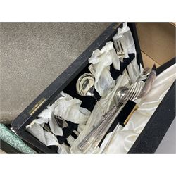 Cased canteens of fish knives and forks, together with part canteen in oak box and various other cased flatware, in two boxes 