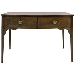 19th century mahogany bow-front serving table, fitted with two cock-beaded drawers with oval pressed brass handles decorated with urns, on square tapering supports 