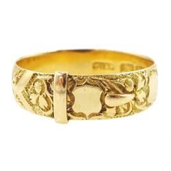 Edwardian 18ct gold buckle ring, with engraved shield and foliate decoration, Birmingham 1901