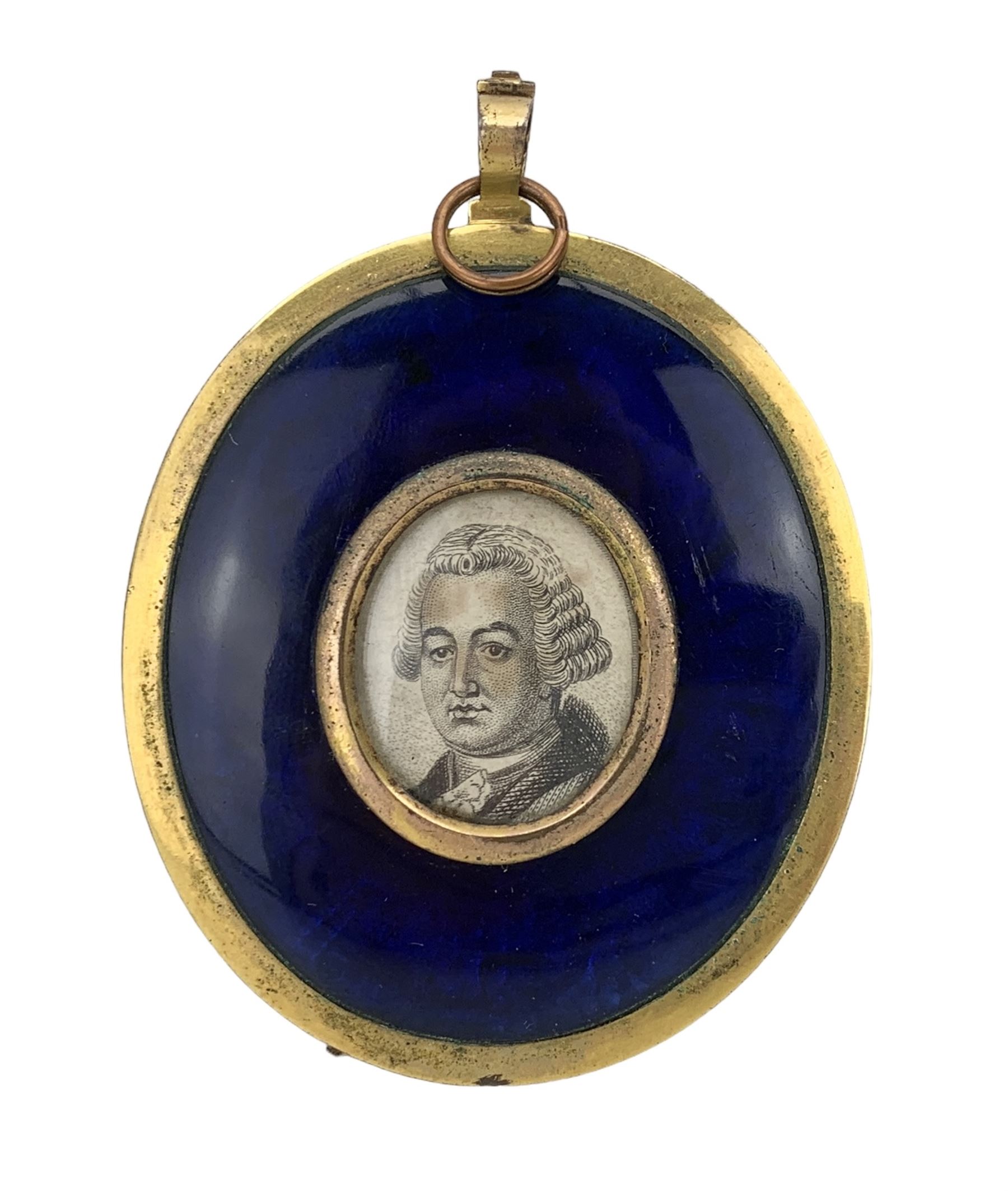 English School (18th/ early 19th century): Miniature portrait of a Gentleman, head & shoulder length, watercolour on ivory, unsigned, the reverse with blue guilloche enamel border and engraving of a gentleman, within an oval brass frame, 6.5cm x 5.5cm. This item has been registered for sale under Section 10 of the APHA Ivory Act