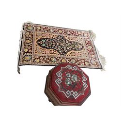 Persian silk mat and beaded footstool, mat L74cm