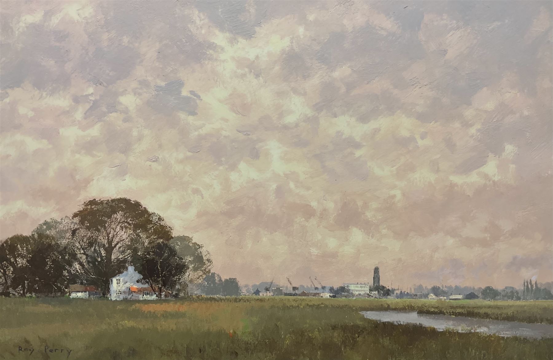 Roy Perry (British 1935-1993): 'Towards Boston Stump, Lincs', oil on card signed, titled verso 25cm x 38cm (unframed)