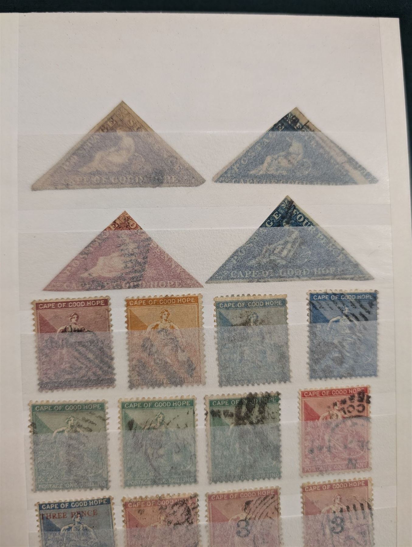 South Africa - Cape of Good Hope triangles with two one pennies, five four pence and two sixpence, King Edward VII values to five shillings, Natal King Edward VII values to one pound ten pence, Orange Free States with V.R.I overprints, King Edward VII values to five shillings, Transvaal including Queen Victoria heads, KEVII values to one pound, South West Africa etc, housed in a green stockbook