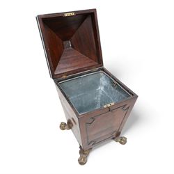 George III mahogany wine cooler or cellarette, the pointed hinged lid with turned final, square tapering body with applied geometric mouldings, on gilt metal and foliate cast ball and claw feet, with metal liner 