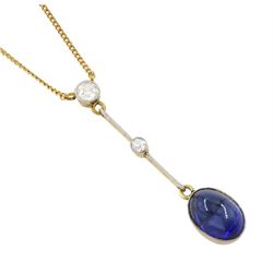 Early 20th century 14ct gold and platinum milgrain synthetic cabochon sapphire and old cut diamond pendant, on later 9ct gold trace link chain necklace